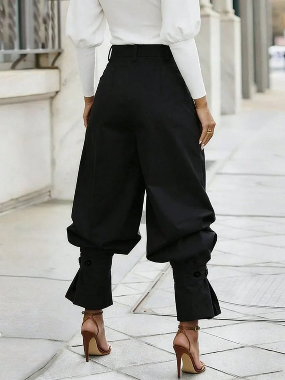 Black Casual Women's Elegant Ruffle Loose Leg Long Lantern Pants